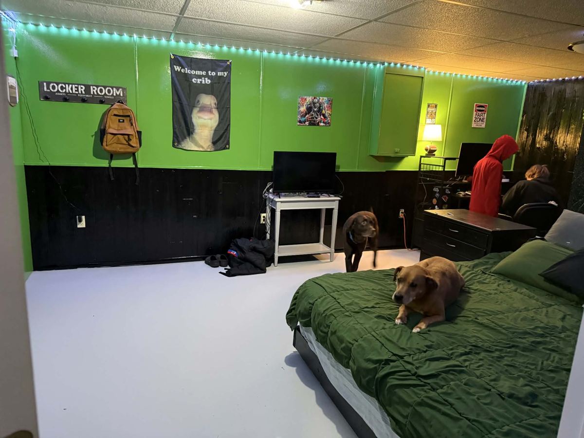 Finished basement game room with green and black walls and LED lighting